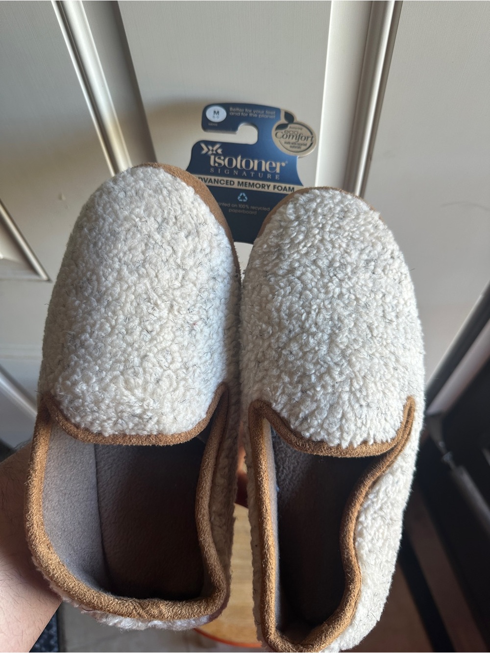 isotoner Kids Cream Plush Slip-On Slippers with Tan Trim